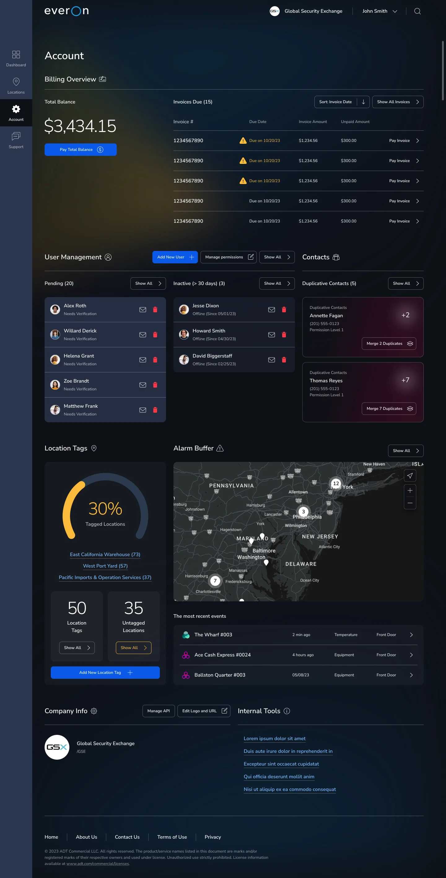 Everon account dashboard — billing overview, user management, contacts, locations, and alarm buffer